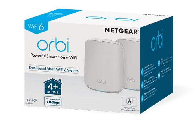 Netgear AX1800 WiFi Mesh System (RBK352) Orbi Dual-Band WiFi 6 Mesh System, 1.8Gbps, Router + 1 Satellite Netgear AX1800 WiFi Mesh System (RBK352) Orbi Dual-Band WiFi 6 Mesh System, 1.8Gbps, Router + 1 Satellite